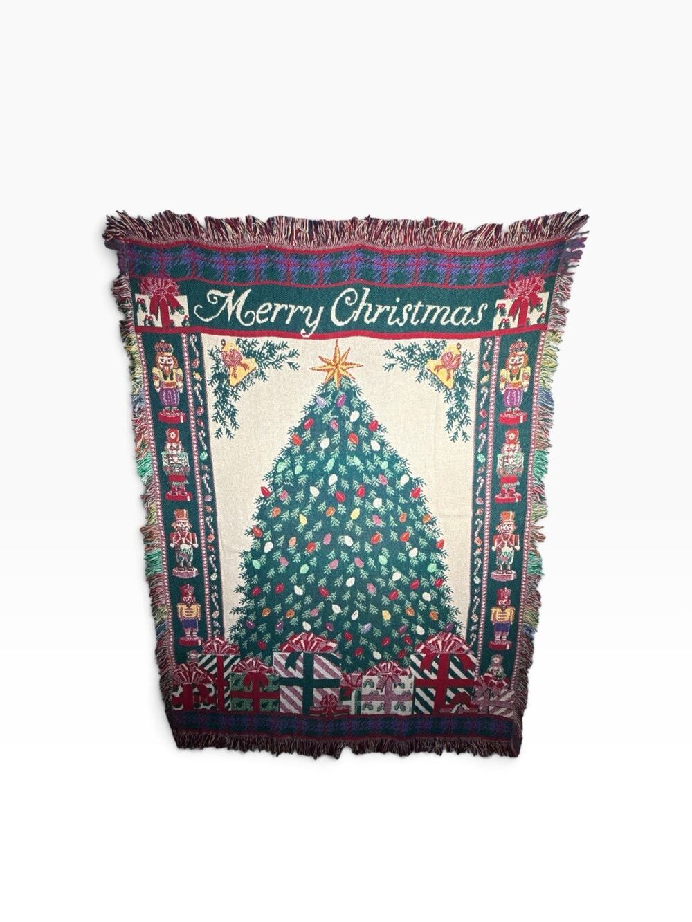 Vtg Woven Tapestry Throw Blanket 65x49” Chirstmas Tree Nutcracker Presents